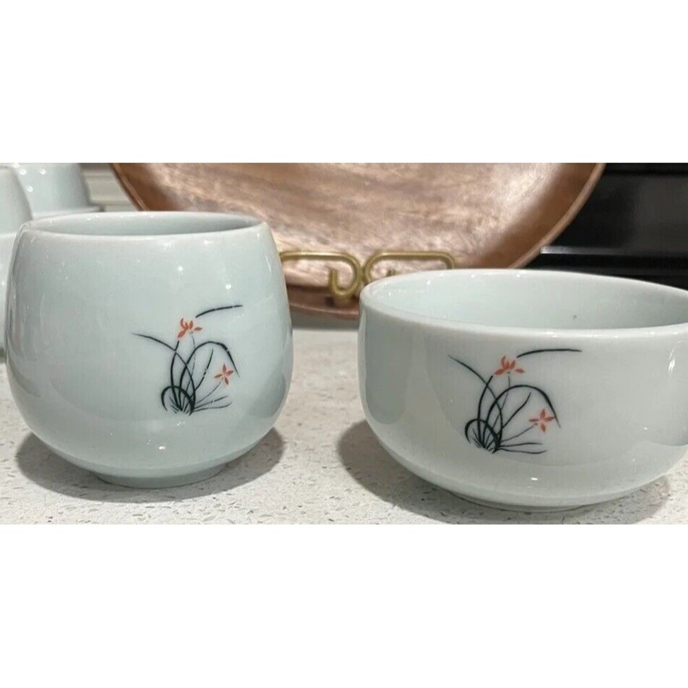 Vintage Celidon Blue Korean Cup And Bowl Set With Flower Motif. Set Of 3